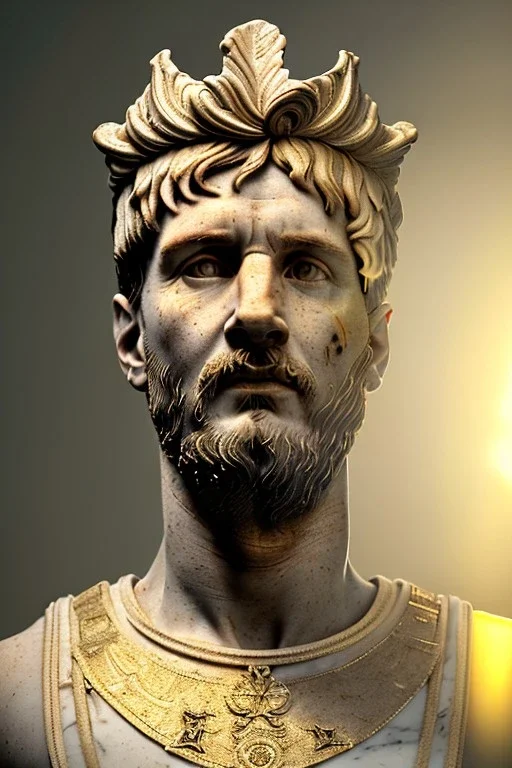 Ultra Realistic image, Roman sculpture, white marble material, Lionel Messi, gold Laurel leaves wreath, renaissance ornaments, one gold star in heart, sun ornament, sun rays background, chisel style, waist up portrait, emperor style, epic, celestial, cinematic lighting, God light, god rays, 4k resolution, smooth details, ornate details, soft lighting, unreal engine 5, art station, substance 3d.