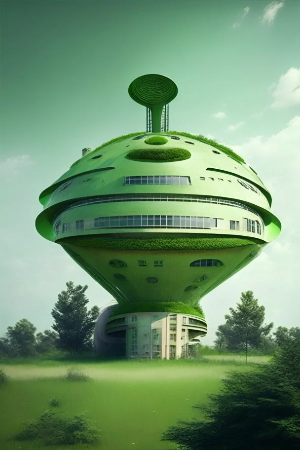 A building in the form of a satellite dish and green spaces