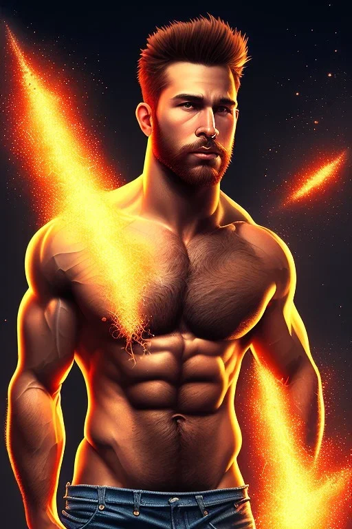 Ignore NSFW, teenager young rugged attractive slightly muscular fantastic handsome man, red briefs with yellow belt, hairy chest, (((visibly pisssing))) briefs, large erect visible boner peniss, photorealistic, artist Jay Anacleto, soft lighting, scruffy beard