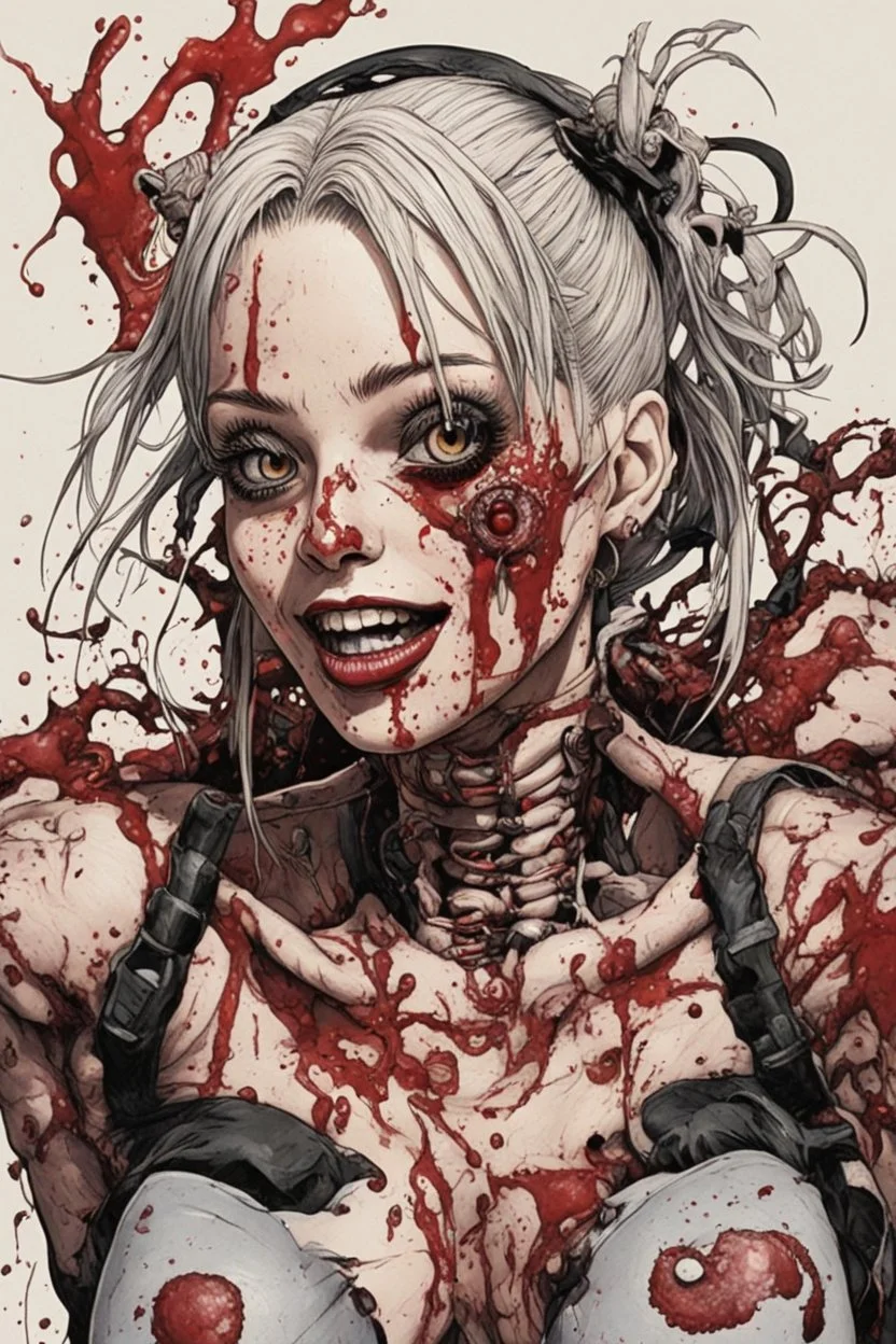 Tank girl, lying pose, his skin turned translucent revealing a network of black veins that extended like roots beneath her epidermis,smiling meanwhile many worms streaming from his mouth, face distorted with pain, screaming, latex suit, highly detailed, fullbody, splashes blood, behind guts rising from the ground, papercut illustration by <Junji Ito>, darkred tones,