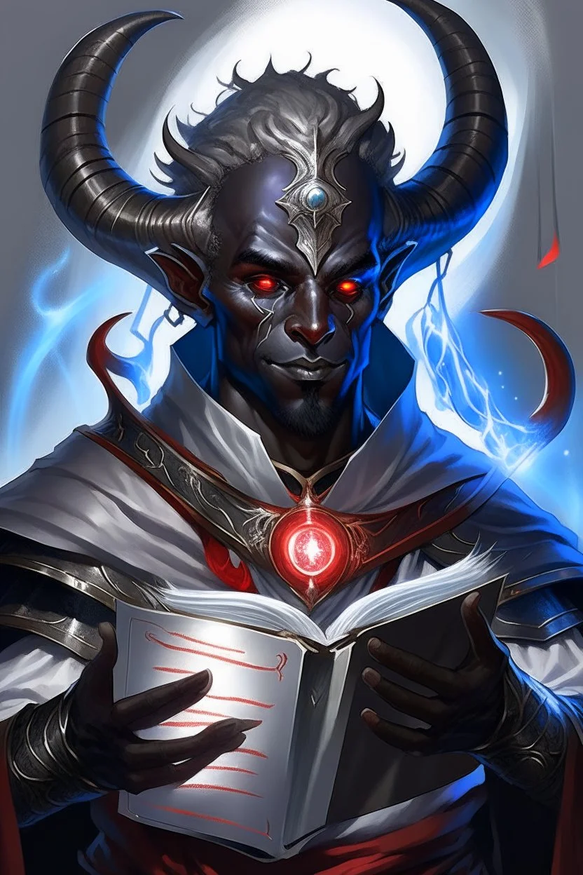 En Young male black skin tiefling fra dnd holding a book with Arcane Magic in a silver and White Rope. His horn a perfectly place on acet from the front to the back pointing upwards with glowing Red cat Eyes glowing Blue Arcane Magic around them