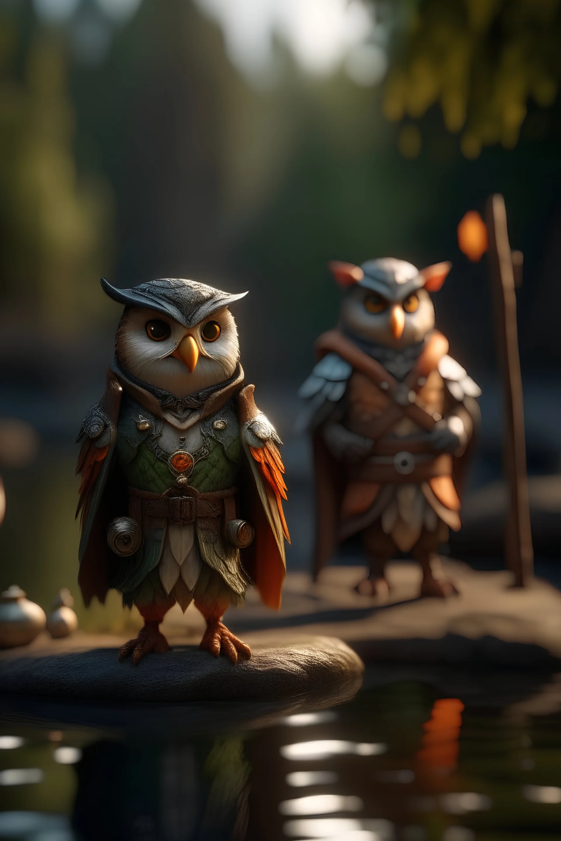 robin hoot and lady marion, leader of the hooties. with bow and dagger, guarding the canal, bokeh like f/0.8, tilt-shift lens 8k, high detail, smooth render, down-light, unreal engine, prize winning