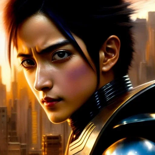 portrait beautiful face 'Adult Alita Riding Shotaro Kaneda's Bike',busty,ancient metal armor balanciaga fashion clothe painting by gaston bussiere, greg rutkowski, yoji shinkawa, yoshitaka amano, tsutomu nihei, donato giancola, tim hildebrandt, oil on canvas, cinematic composition, extreme detail,fit full head inside picture,16k