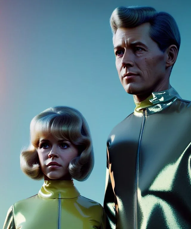 Ultra Realistic retro sci-fi image from 1960, sweet young woman Jane Fonda with a man, dress with tight latex coat and retro glass helmet, Retro sci-fi style, soft color, highly detailed, unreal engine 5, ray tracing, RTX, lumen lighting, ultra detail, volumetric lighting, 3d, finely drawn, high definition, high resolution.