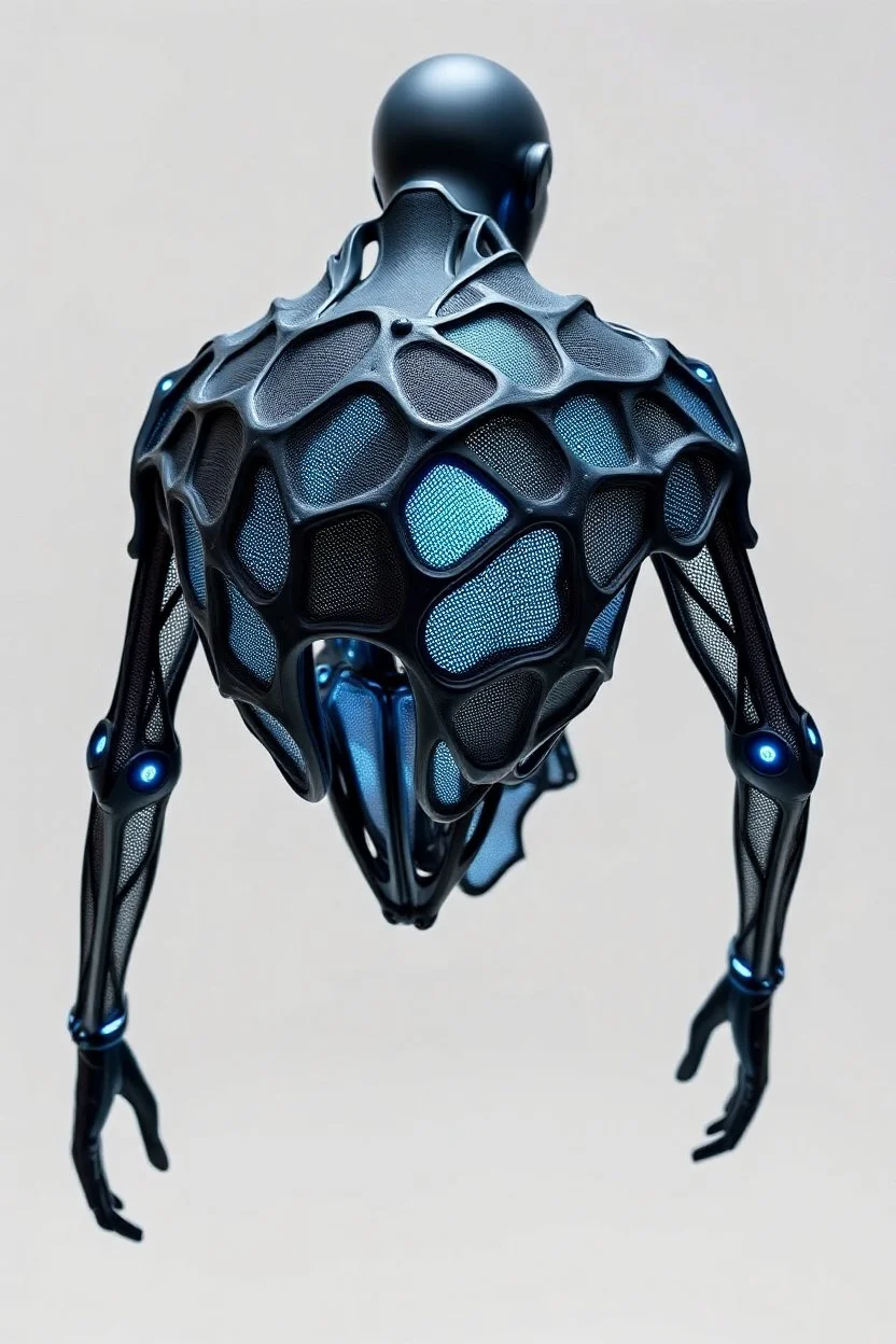 Struttura scultorea semi-rigida, tipo esoscheletro che si apre e si chiude Materiali: stampa 3D bio-based, tessuti fotocromatici, rete metallica ultra sottile Dettagli: Reazioni ottiche alla luce, conchiglia futuristica che pulsa col corpo