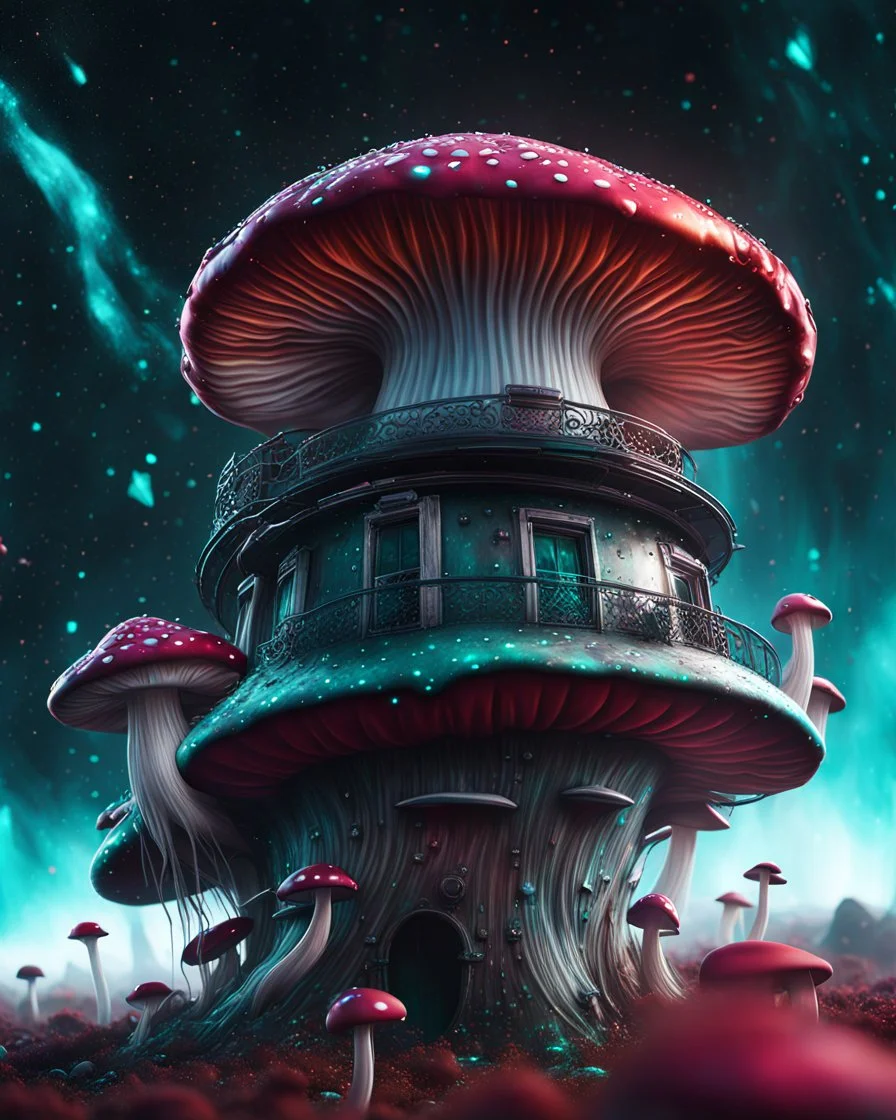 A singular weird floating mushroom house in space. platinum, white, teal and tetradic colors , Dark cosmic galactic interstellar. Detailed Matte Painting, deep color, fantastical, intricate detail, splash screen, hyperdetailed, insane depth, concept art, 8k resolution, trending on Artstation, Unreal Engine 5, color depth, backlit, splash art, dramatic, High Quality Whimsical Fun Imaginative unusual, good composition