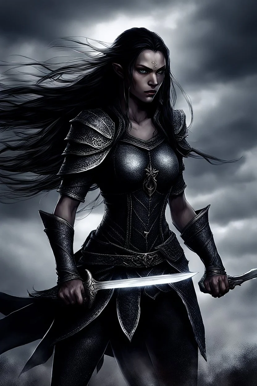 SA female elf with skin the color of storm clouds, deep grey, stands ready for battle. Her long black hair flows behind her like a shadow, while her eyes gleam with a fierce silver light. Despite the grim set of her mouth, there's a undeniable beauty in her fierce countenance. She's been in a fight, evidenced by the ragged state of her leather armor and the red cape that's seen better days, edges frayed and torn. In her hands, she grips two daggers, add dark shadow mystic purple flames