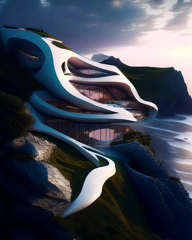 Modern country house on the cliff overlooking the sea Zaha Hadid art warm weather 8k