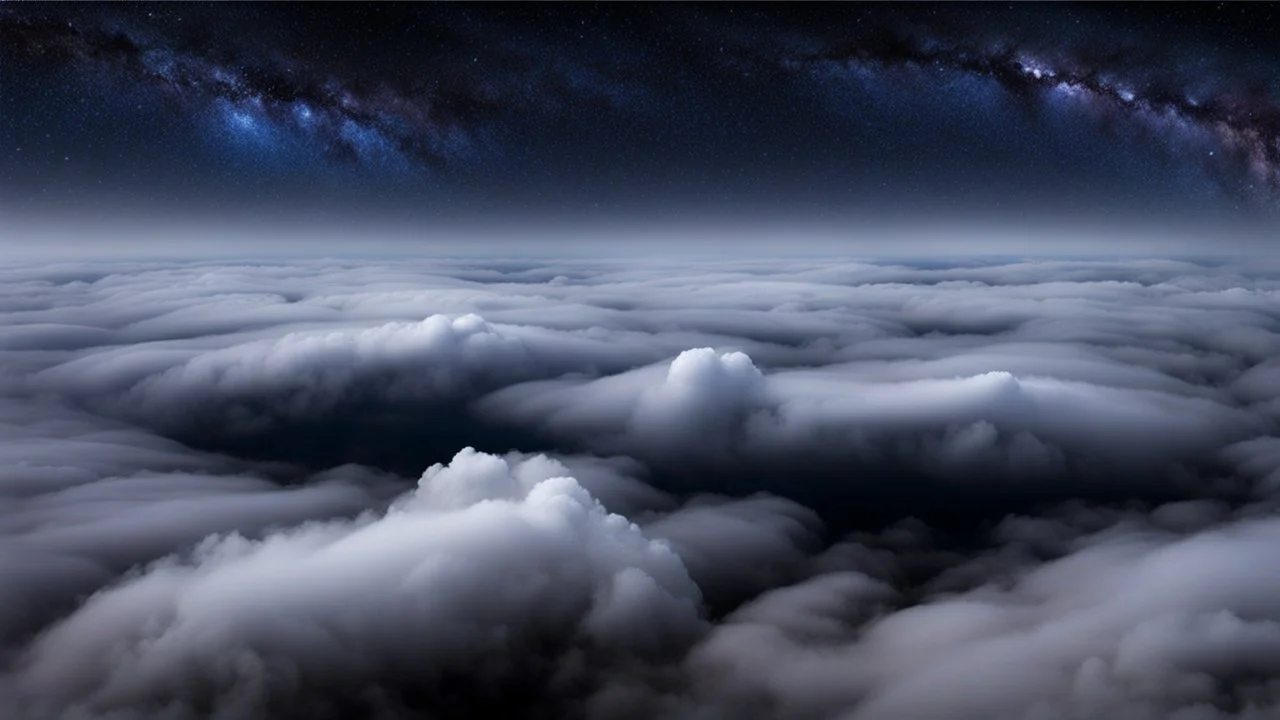 looking down from space at the mist and clouds, surrounded by the mist at night starry sky. half space half clouds