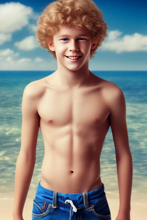 full body image of a beautiful 12 year old boy with long, blonde curly hair and light blue eyes, smiling, holding an apple in his right hand, shirtless, in front of a distant beach