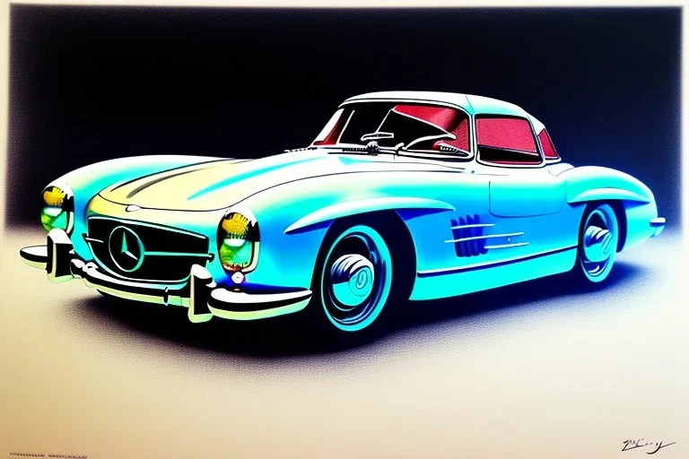 a true-to-life 1956 mercedes benz 300 sl roadster, centered, intricate, extreme detailed, photorealism, center view, city background, pivot on mercedes, pen and color marker painting by cheryl kelley