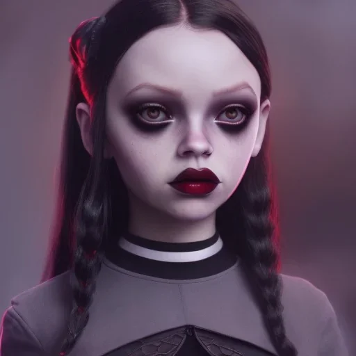 Jenna ortega as wednesday with wednesday addams dress,soft goth libstick, wednesday addams make up, overknee socks,fantasy art, dramatic lighting, highly detailed oil painting, volumetric lighting