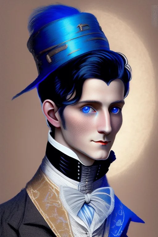 young black haired blue eyed dandy wizard in the style of beresford egan