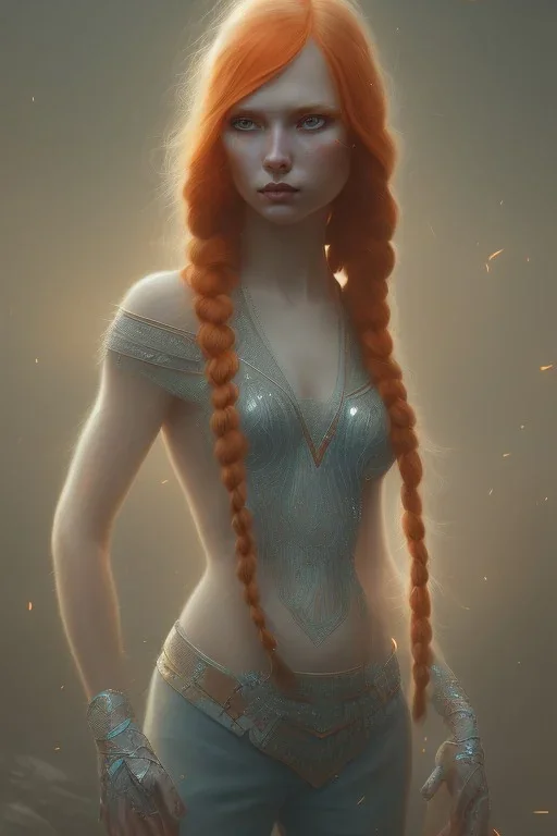 Woman, corpo intero, beautiful, orange hair, two braids, bangs, blue eyes, big eyes, freckles, long eyelashes, Frozen, 8k resolution concept art by Greg Rutkowski