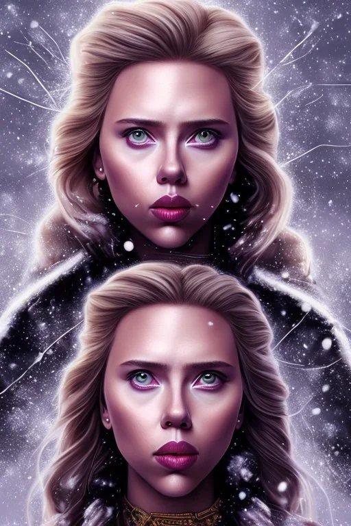 portrait Scarlett Johansson warrior with big bobs black hairs violet Christmas top in the snow and fire