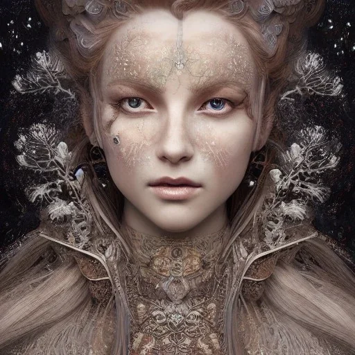 Insanely detailed photograph of an “portrait of gorgeous nordic goddess ” with intricate hair, intricate embroidered dress, beautiful clear face and hyperdetailed painting by Ismail Inceoglu Huang Guangjian and Dan Witz CGSociety ZBrush Central fantasy art album cover art,8K, hdr, romantic, mysterious, ominous, snowflakes, jewelry, comfort, natural eyes