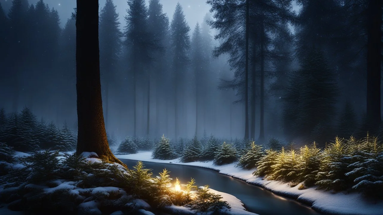 fir forrest scenery, heavy mist,,creek,forest,christmas ,tree,fireflies,night,snow,fir tree,high-quality photograph,photorealistic, shot on Hasselblad h6d-400c, zeiss prime lens, bokeh like f/0.8, tilt-shift lens 8k, high detail, smooth render, unreal engine 5, cinema 4d, HDR, dust effect, vivid colors,night