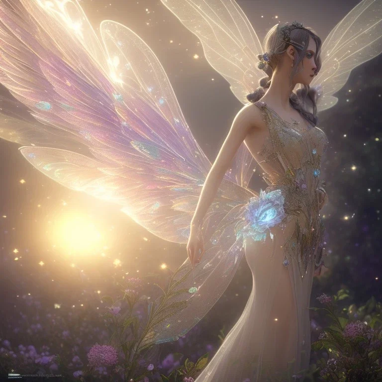 beautiful fairy in a galactic ambiance, transparent wings, delicate colors, finely tuned detail, ultra high definition, 8 k, unreal engine 5, ultra sharp focus