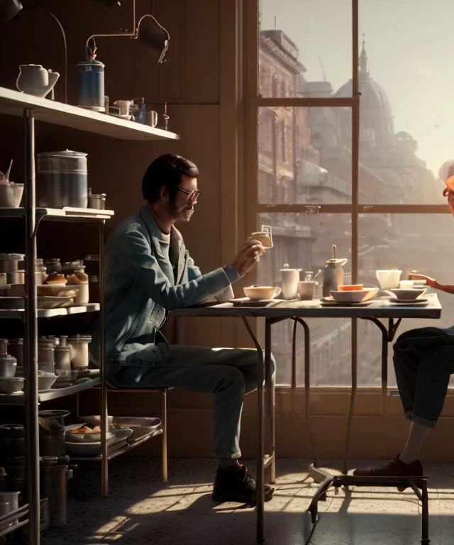 Realistic scene, American shot view, 0 gravity, levitating man and woman sitting in cafeteria and having breakfast, Wes Anderson, soft color, highly detailed, unreal engine 5, ray tracing, RTX, lumen lighting, ultra detail, volumetric lighting, 3d, finely drawn, high definition, high resolution.