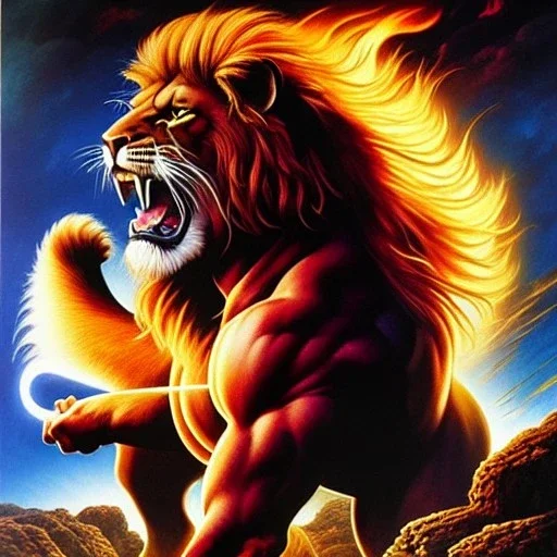 (full body),full body view portrait oil on canvas,Samson fighting the Lion,comic book cover, mystical colors,insanely detailed,realistic,intrincate detail,crystal clear eyes,perfectly drawn face, 16k resolution, masterpiece,Simon Bisley,Frank Frazetta,Alex Horley,ARTHUR ADAMS