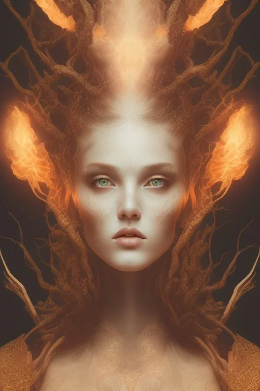 portrait photography of an ethereal beautiful animal goddess, Fire theme art, Dark moody night atmosphere, Portrait of a woman by Michelangelo, 8K, close-up face, anatomically perfect face, oak tree roots, ignore NSFW