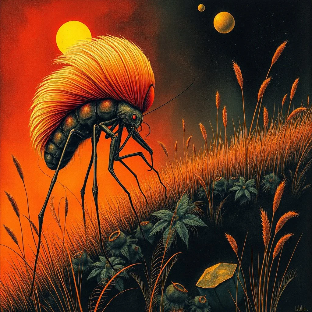 inkpunk, Style by Vladimir Kush and Ray Johnson and Zdzislaw Beksinski and Alexander Jansson, abstract surreal art, a metaphorical representation of ephemeral long legged parasite rivalries, gestalt lunatic grass shine, warm colors, sinister, surreal masterpiece, dynamic diagonal layout composition, juxtaposition of the uncanny and the banal, sharp focus, never-before-seen composition