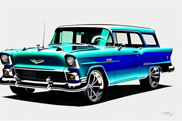 a true-to-life 1955 chevrolet nomad, classic wheels, centered, intricate, extreme detailed, photorealism, center view, city background, pivot on chevrolet, pen and color marker painting by cheryl kelley