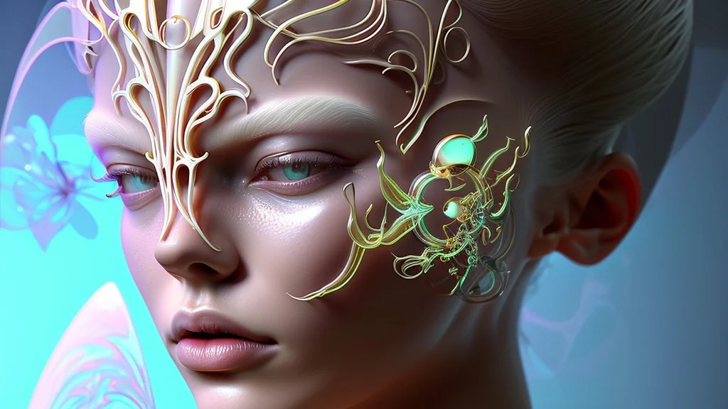 figure of a woman, art from the "art of control" collection by Jasper Harvey, in the style of futuristic optics, silver and gold, flower, bird, detailed facial features, swirling vortices, glowing, 8k 3d, bizarre cyborgs, made of crystals, high detail, high resolution, 8K