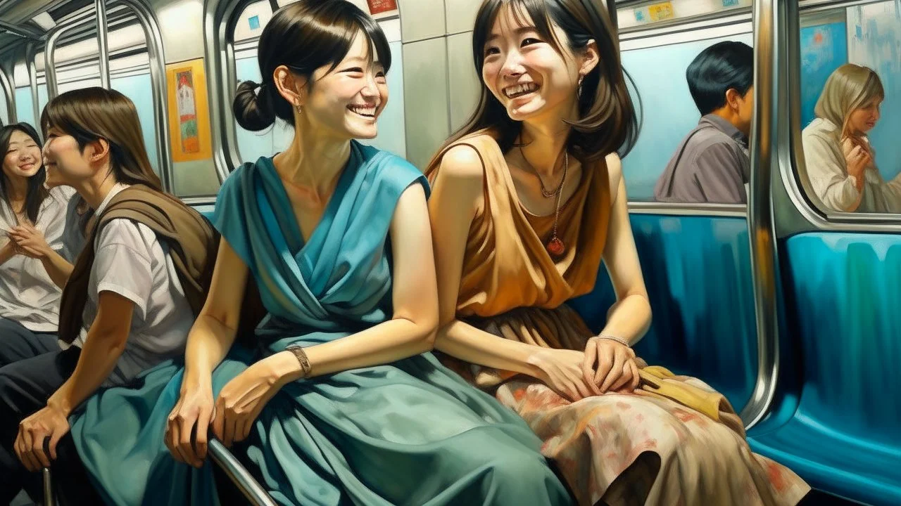 Neoclassicism 2 japanese woman smiling at other woman sitting in metro realistic cote d'azur painting colorfull