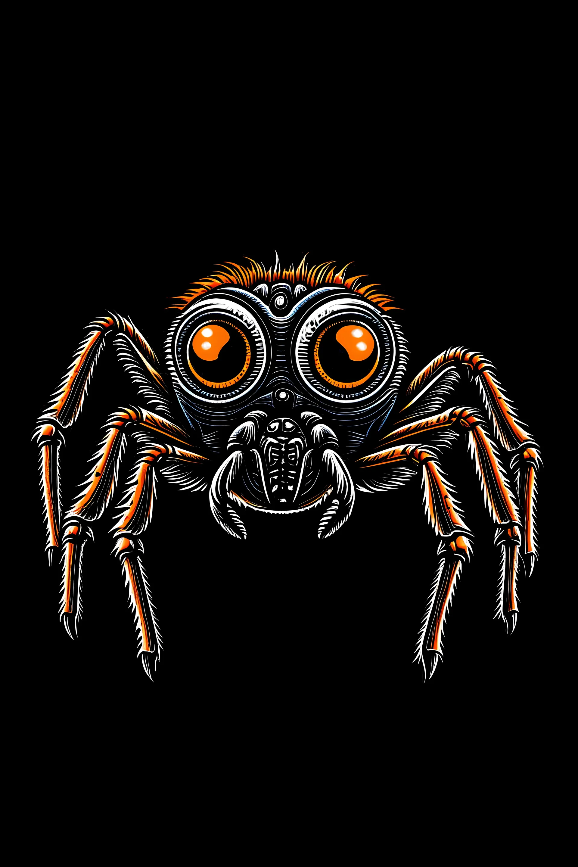 Making a jumping spider as a mascot with a black background with four eyes and two fangs