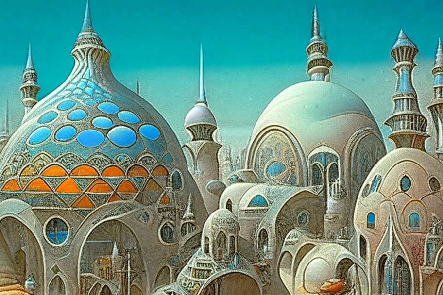 A surreal town with arches and domes by artist "Ian Miller" by artist "Alex Gross" by artist "photokinetic"