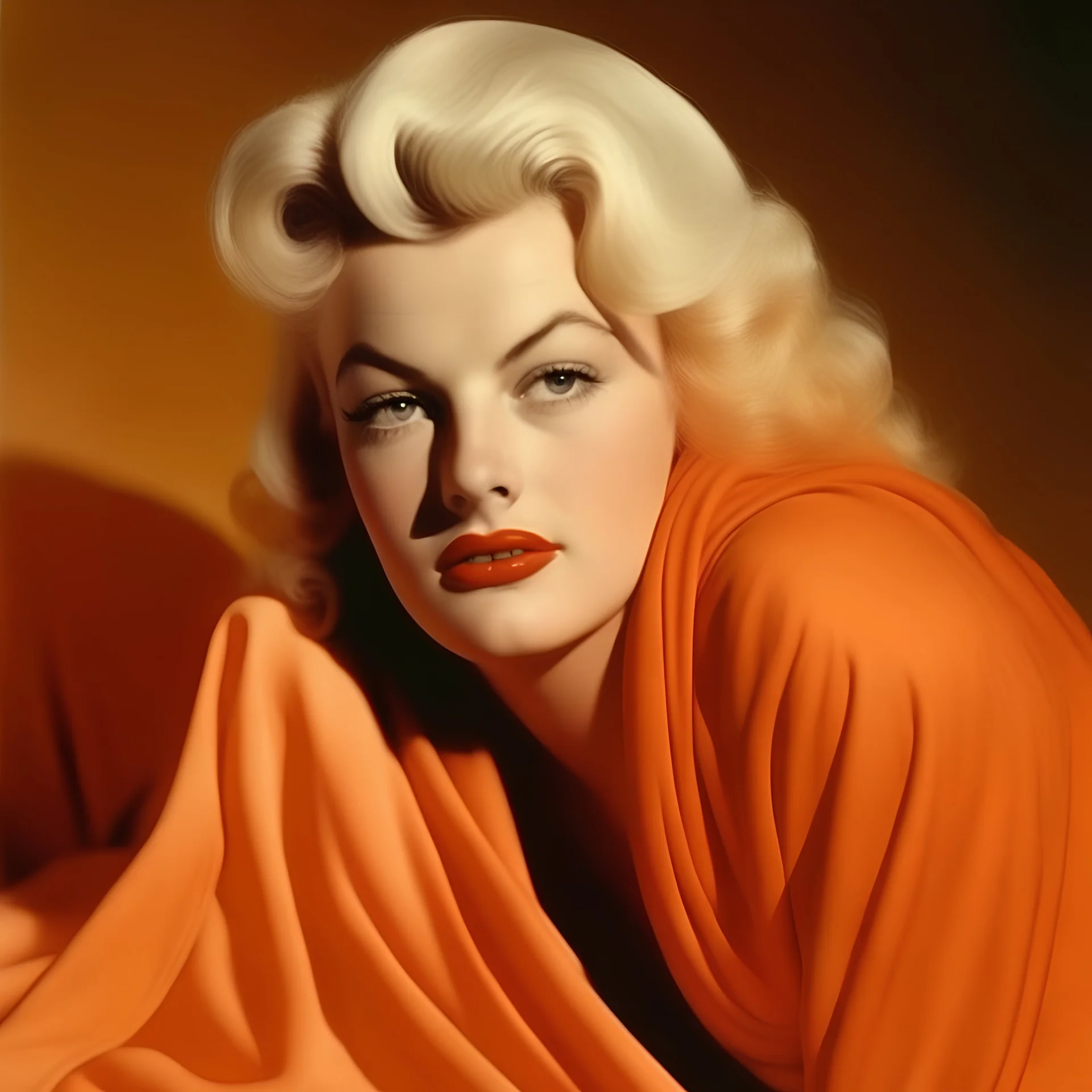 A photograph of jayne mansfield, eyes half closed, with bed hair, melancholy, no make up, in the style of milton greene, pale orange silk scarf around her shoulders,beige bacground