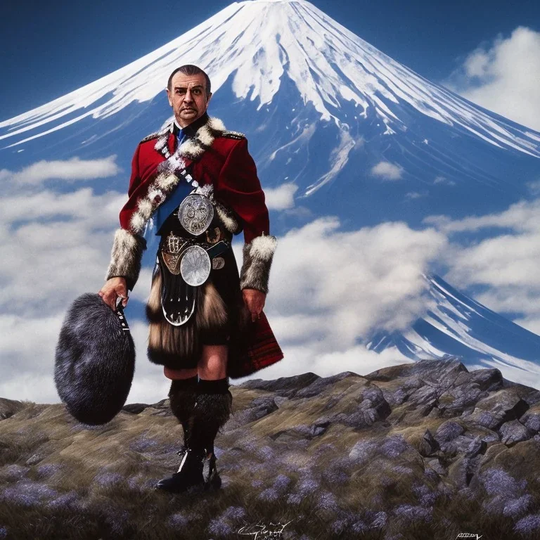 Sean Connery in a kilt in front of Mt. Fuji