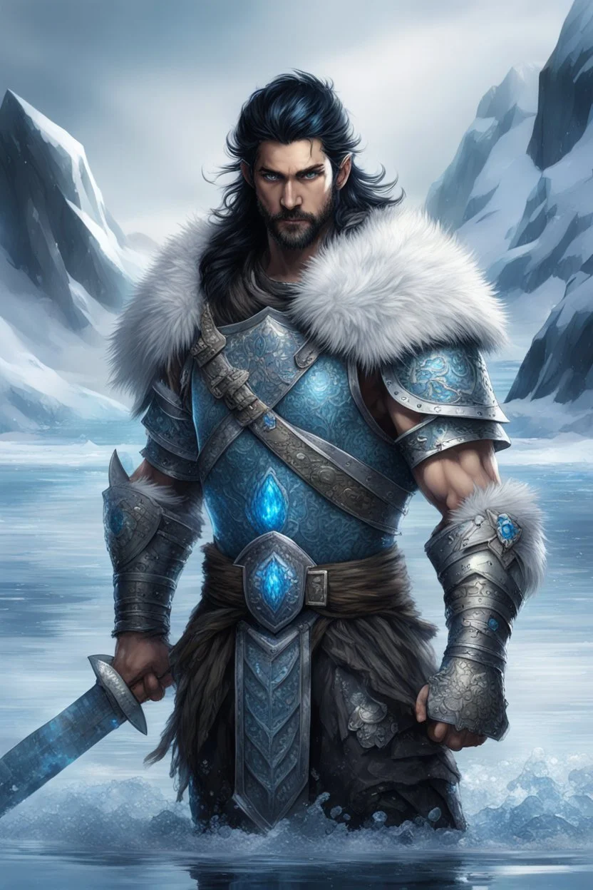 1 mana warrior, with blue eyes and black hair man in silver Viking armor with fur around the neck with blue crystal on his chest , standing in water in the artic, holding a ice axe, warrior in anime style,