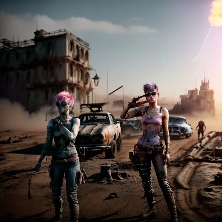 Ultra Realistic photo, medium shot view, drunken women, mad max scene, sexy steampunk. Pink hair, confeti, Sunglasses, smoking, happy, festival, red fog. highly detailed, concept art, unreal engine 5, ray tracing, RTX, lumen lighting, ultra detail, volumetric lighting, 3d, finely drawn, high definition, high resolution.