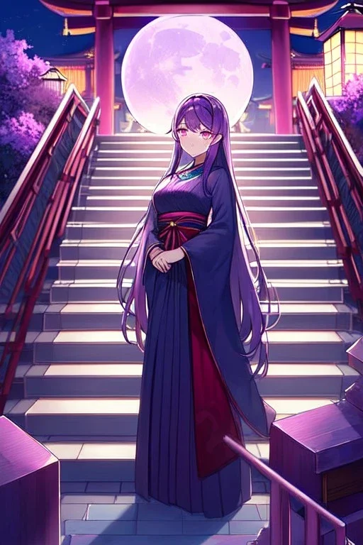 girl, masterpiece, best quality, cinematic lighting, detailed outfit, vibrant colors, perfect eyes, purple hair, pink eyes, long hair, looking down, hakama, shrine, moon, stairs,