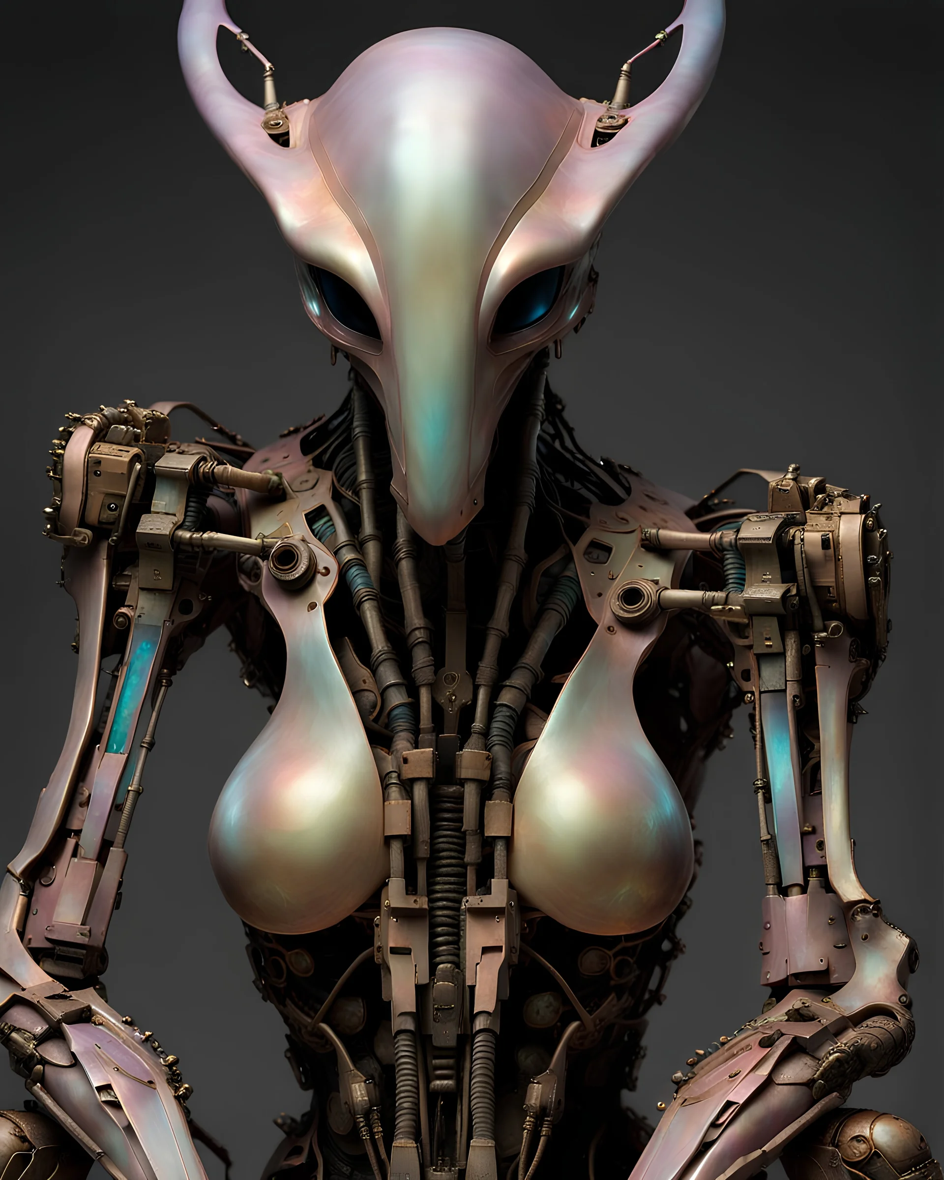 3/4 photo of a faceless chassis exposed android oxydized crumbling alien seductress augmented electronics biomech with deep look by V. Gagnon & wayne douglas barlowe, yoji shinkawa in hi res , low saturation. shades of nacreous and luminiscent iridescent mother of pearl, pastel colors, complementary colors, cmyk