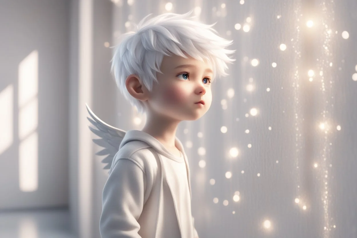 A silver-haired, balding chibi angel boy stands in front of a sparkling white room wall, gazing eagerly at it in sunshine, ethereal, cinematic postprocessing, dof, bokeh Weight:1 detailed matte painting Weight:0.9