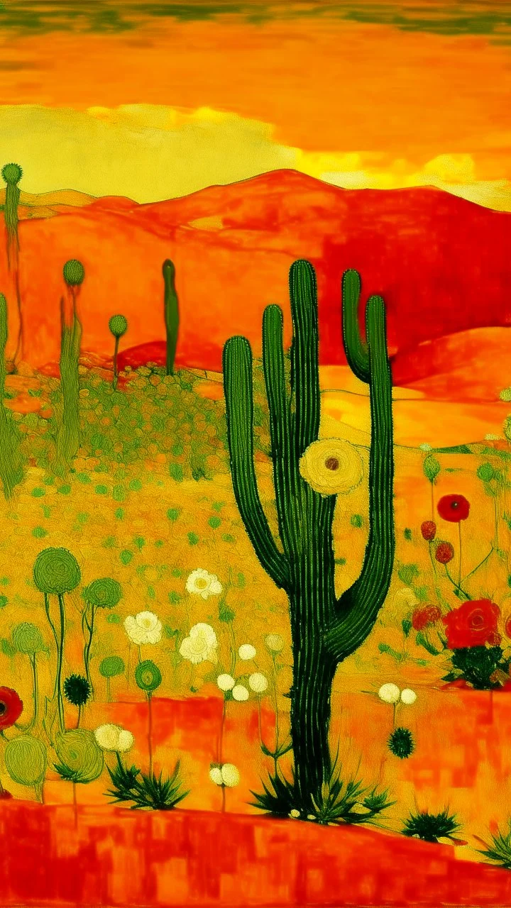 A yellow desert with cactuses painted by Gustav Klimt