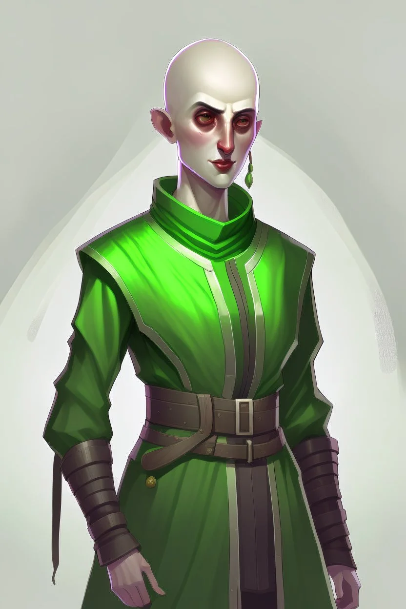 full lengthtall 22-year old, shaved head, grey-eyed female cleric wearing dark green