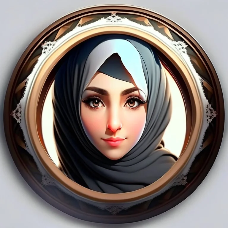 3d anime Only the face Muslim Pretty impressive women inside a circular frame,Portrait image,professional look