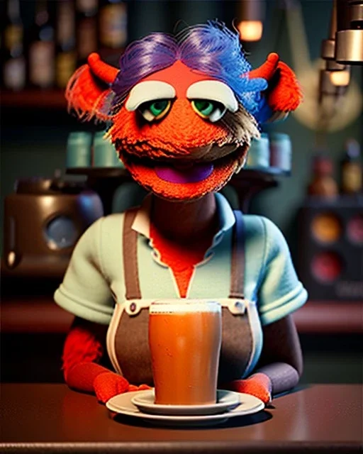 Pub, hybrid character, waitress woman with monster muppet mask that covers her entire head, retro style, Sesame Street style, smooth, unreal engine 5, god lights, ray tracing, RTX, lumen lighting, ultra detail, volumetric lighting, 3d.