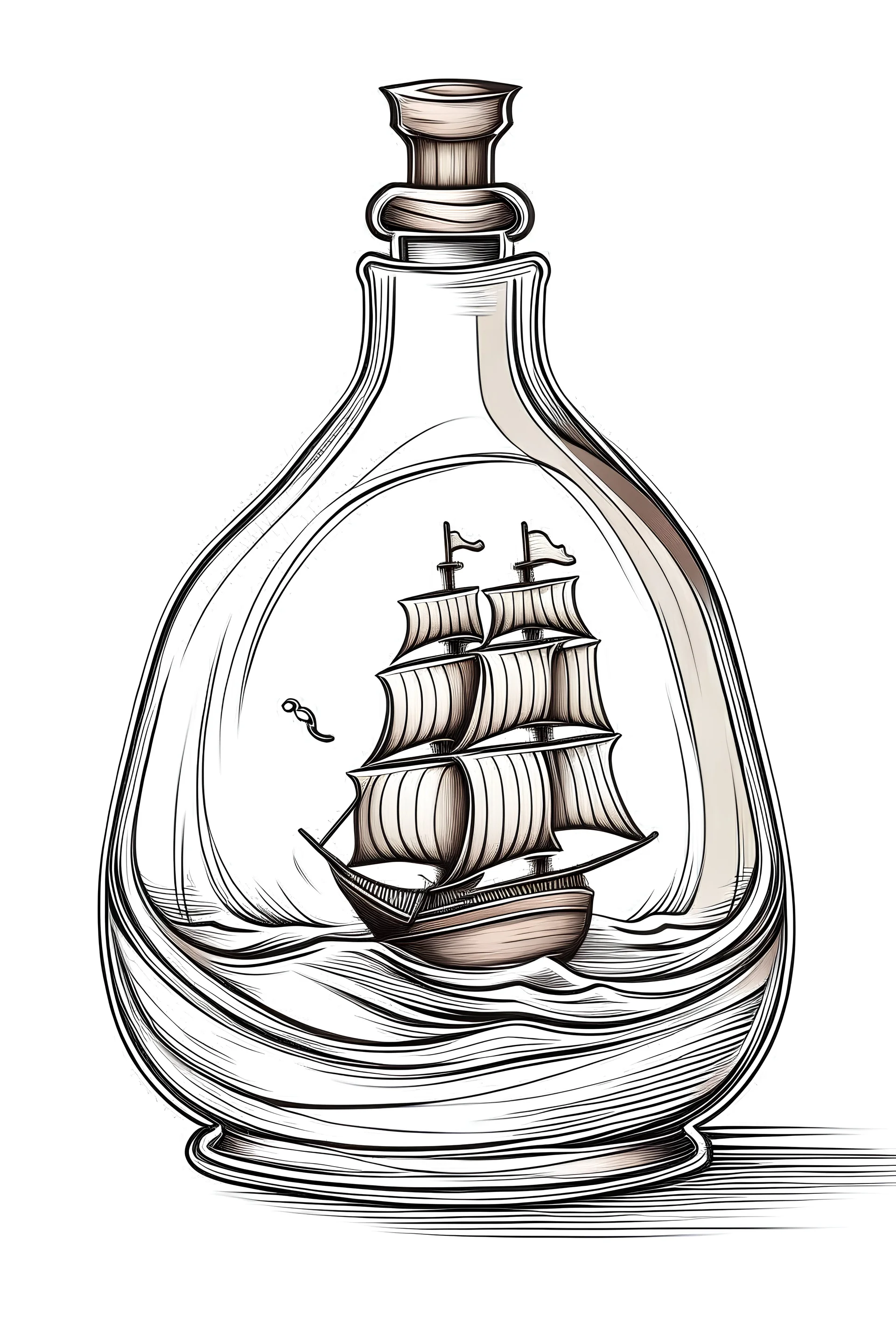 ship in a bottle in brown and gray shades on a white background in deco style