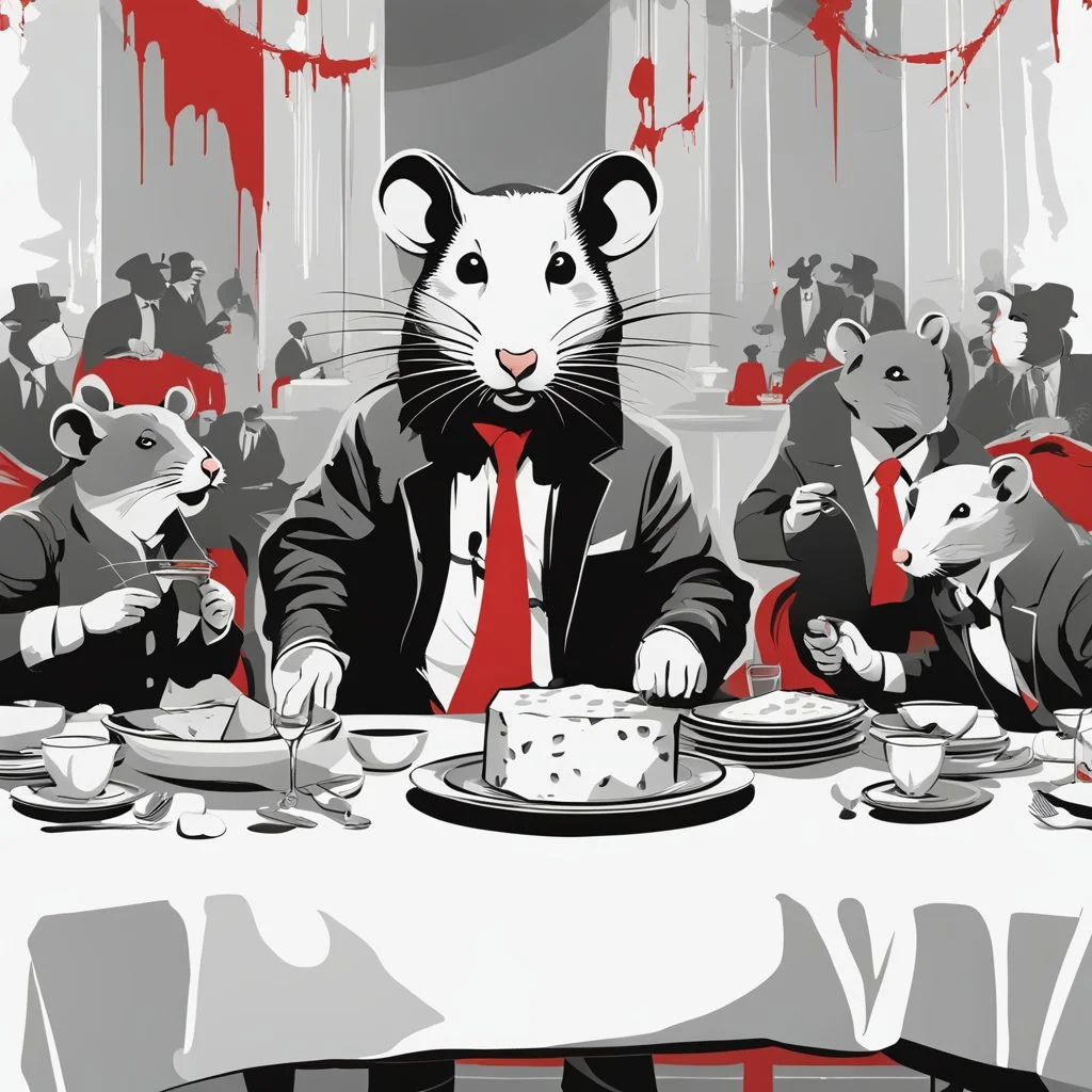 Vector illustration of a (((large rat sitting))) at a banquet table, eating a (((large cheese))), sitting at the same table, (((other rats watching the large rat eat))). White, red and black colors. Banksy style