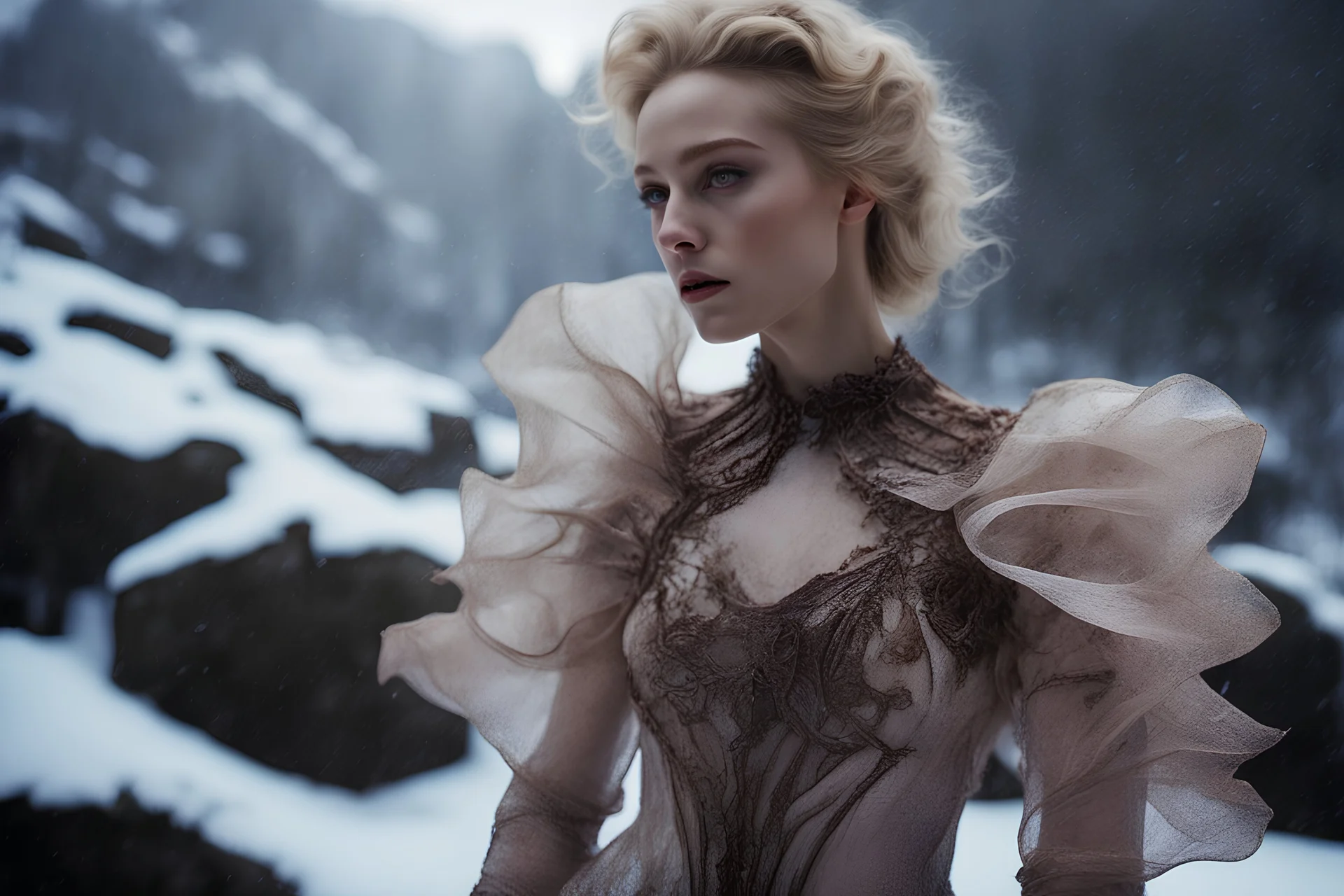 Hiper-realistic Close-up photo, Otherworldly, blonde Brown Actress knight fashion, Gaudi-Iris Van Harpen translucent fluorescent haute couture gown costume, Austrian Symbolism, arcane atmosphere, in the stormy sunrise mountains snowy River forest, by Sergei Parajanov movie