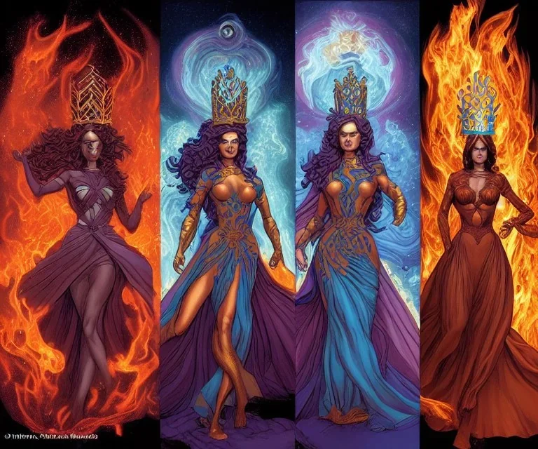 Four doll divine representing each one the four elements: fire, earth, air, and water. Mark Brooks and Dan Mumford, comic book art, perfect, smooth elemental galactic space core royalty queens crown.