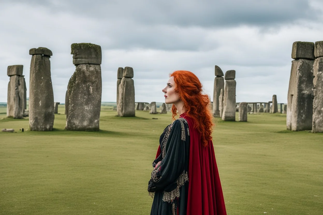 A tall slim red-headed woman, dressed like a gipsy, standing in front of Stonehenge