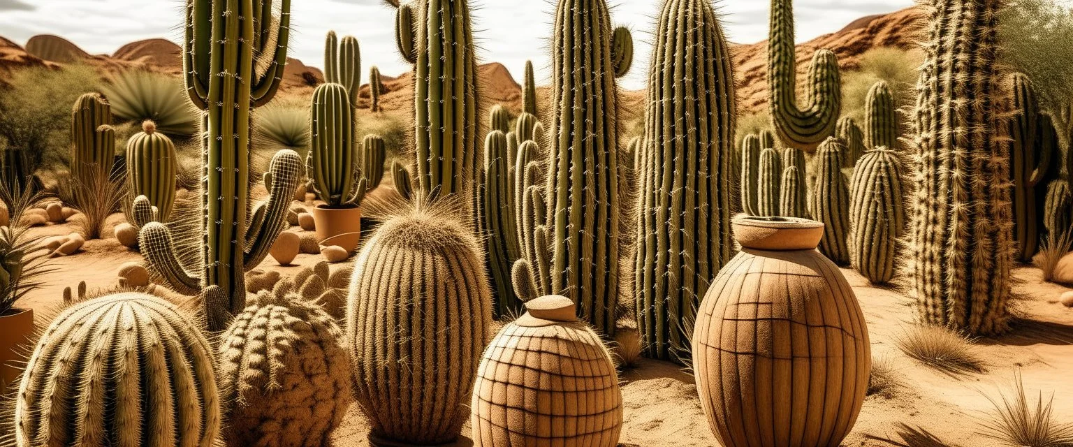 A tan desert with cactuses designed in ancient Greek pottery