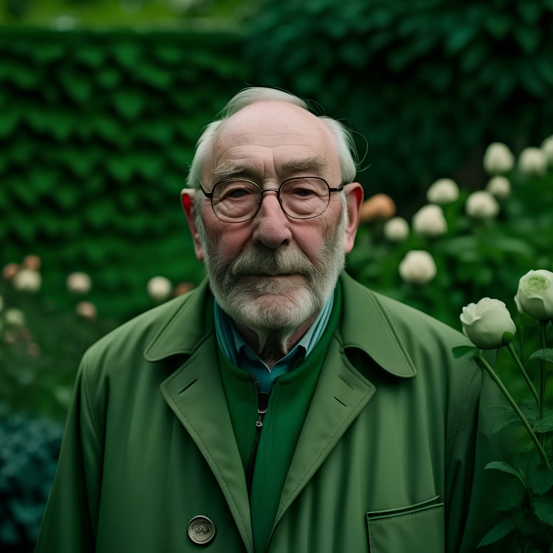 Un retrato de un anciano con un sobretodo verde y lentes de marco grueso en un jardín de rosas