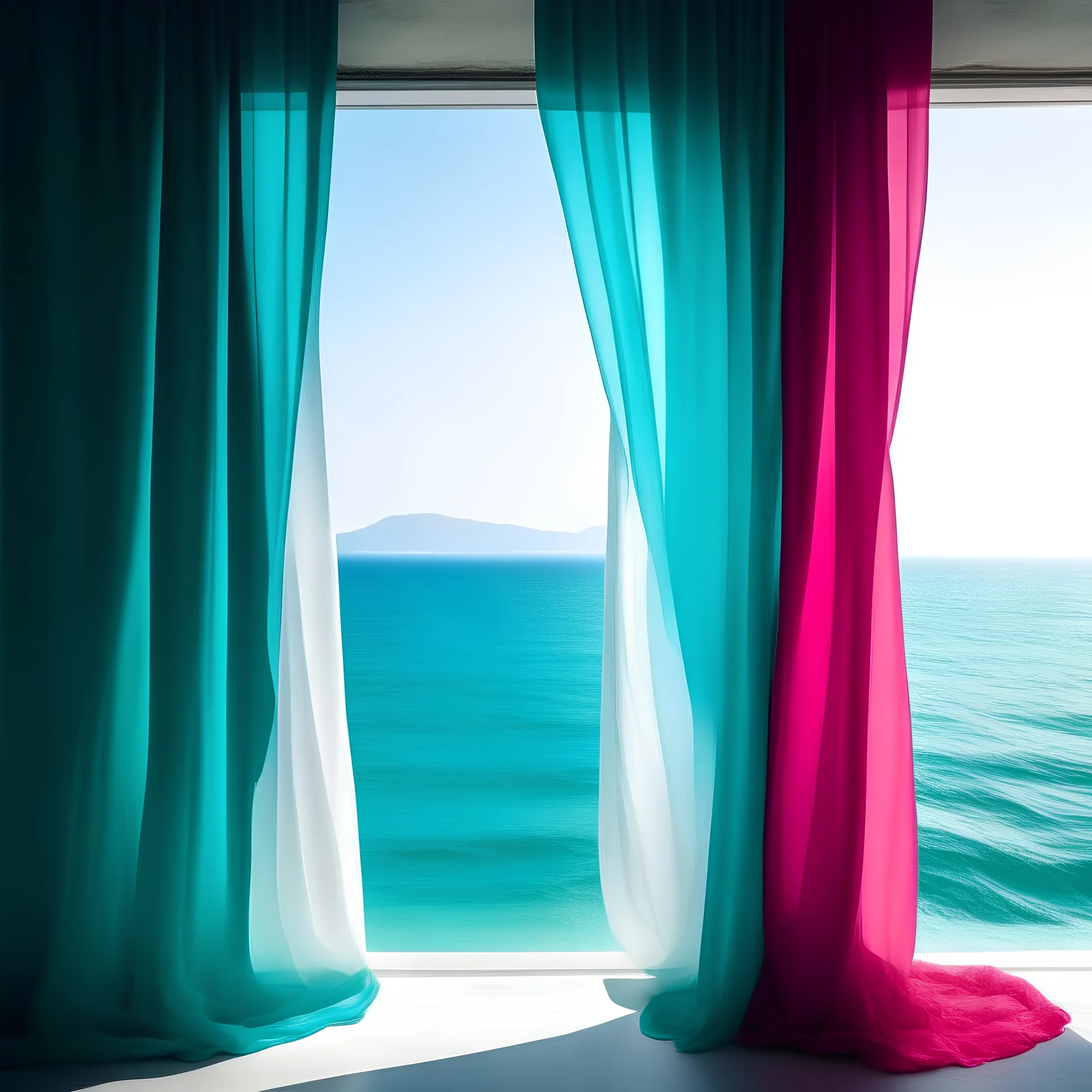 A white curtain above the sea, turquoise, pink,,Brig colors